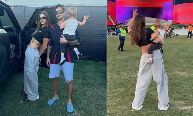 Justin Bieber is shown rehearsing his 'impromptu' YouTube scroll as wife Hailey and son Jack Blues dance along in behind the scenes videos from Coachella