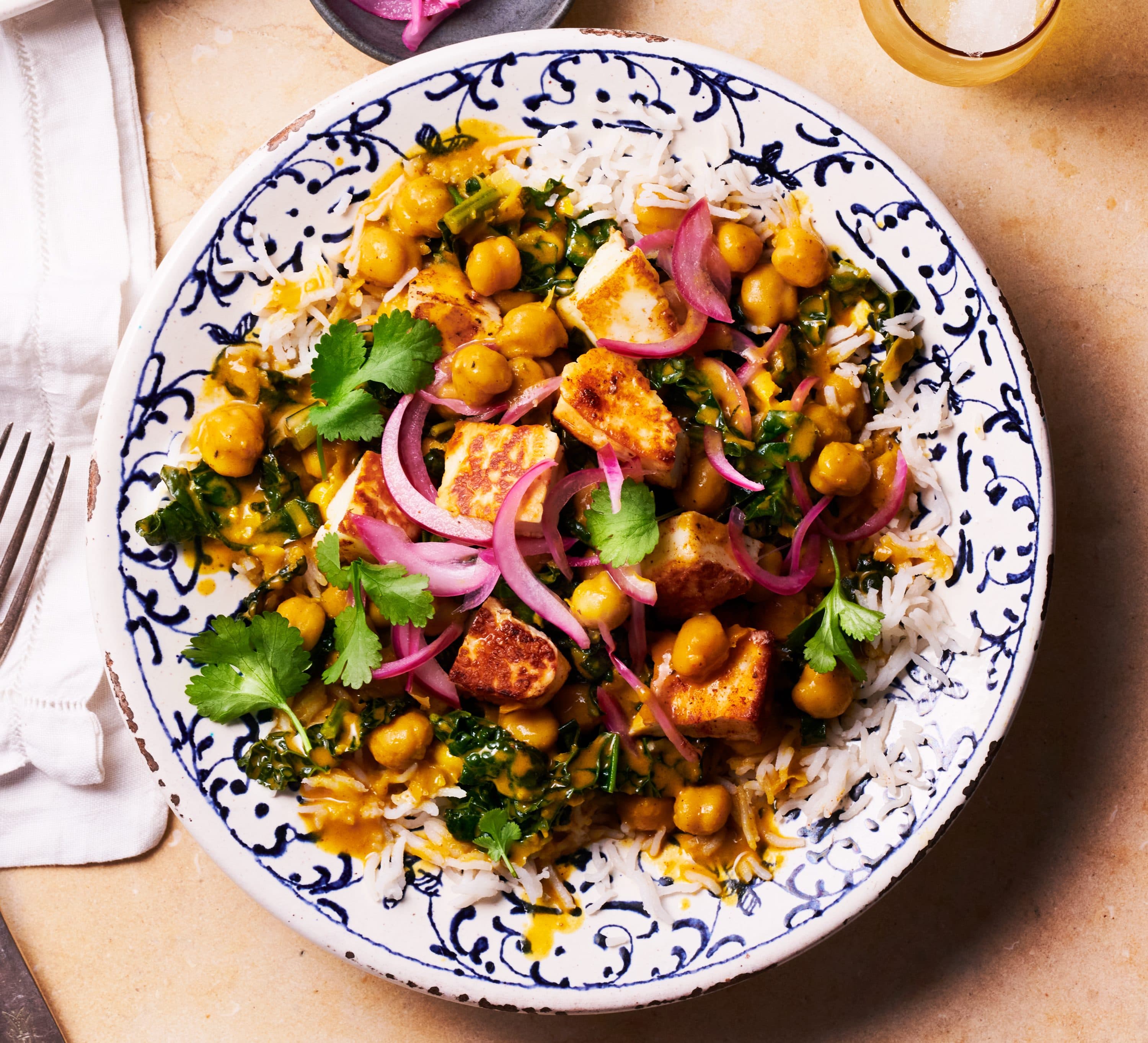 Tikka halloumi with coconut chickpeas